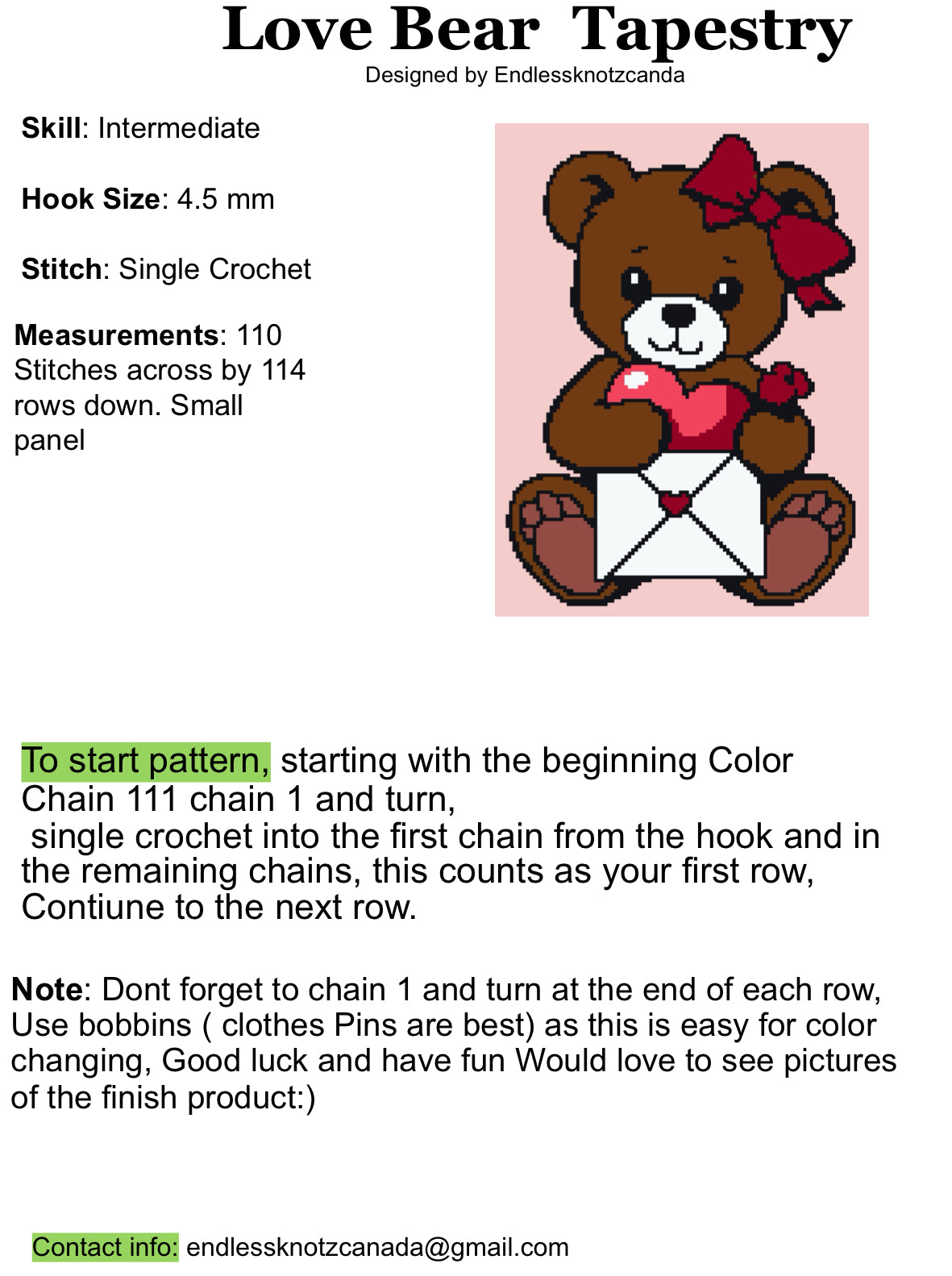 Love Bear Crochet Graphghan Pattern Valentine, Baby Blanket