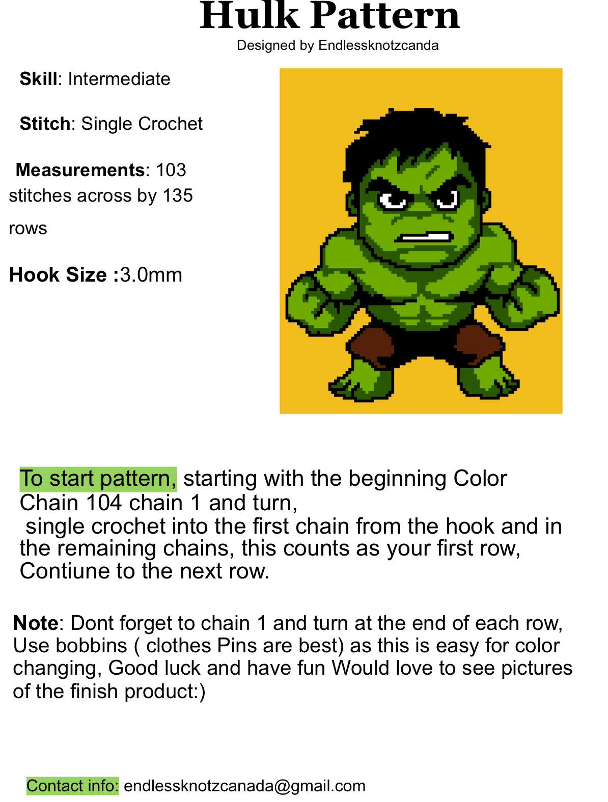 Hulk Panel Pattern Graphghan Crochet Pattern