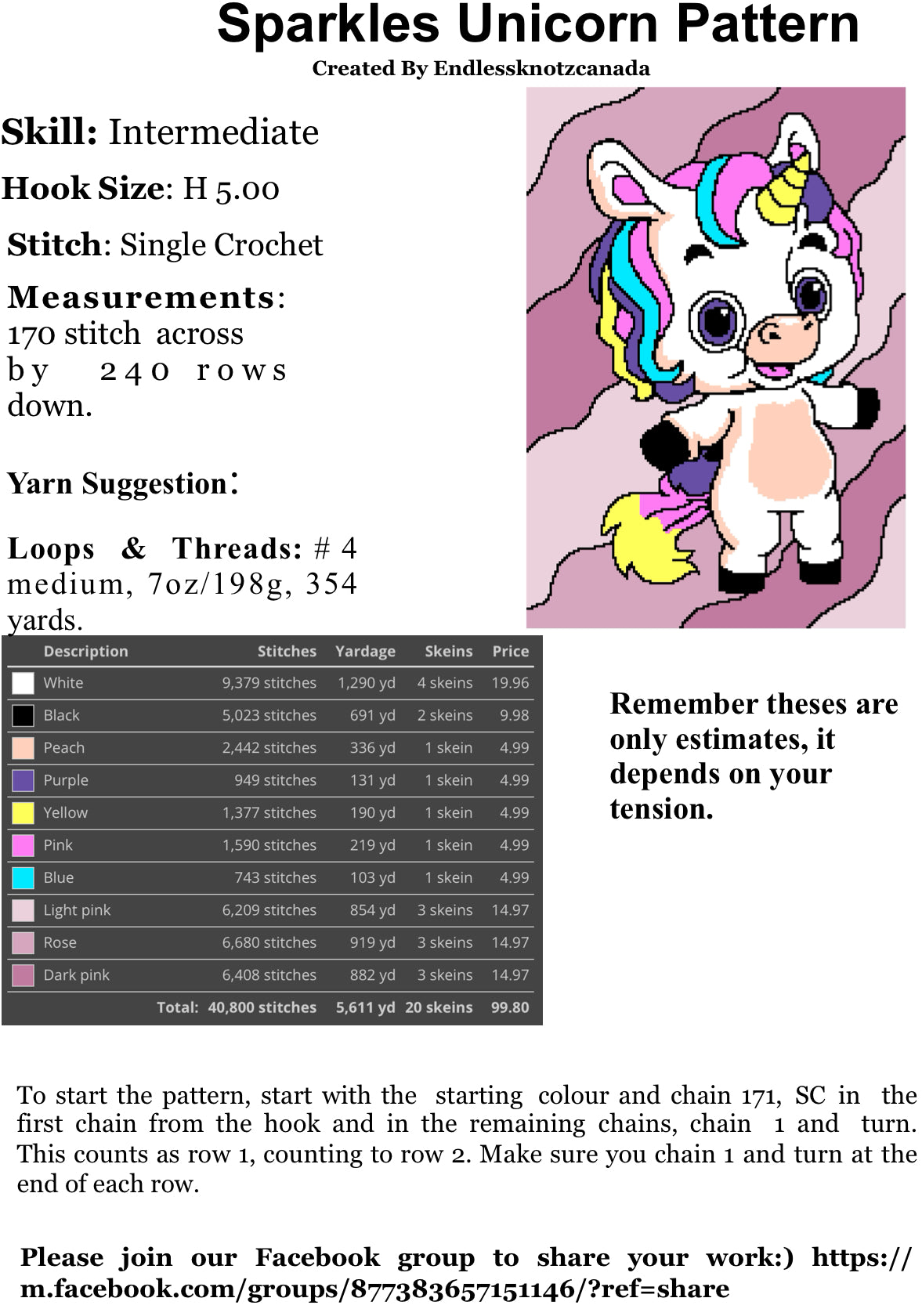 Sparkles Unicorn Crochet Graphghan Pattern