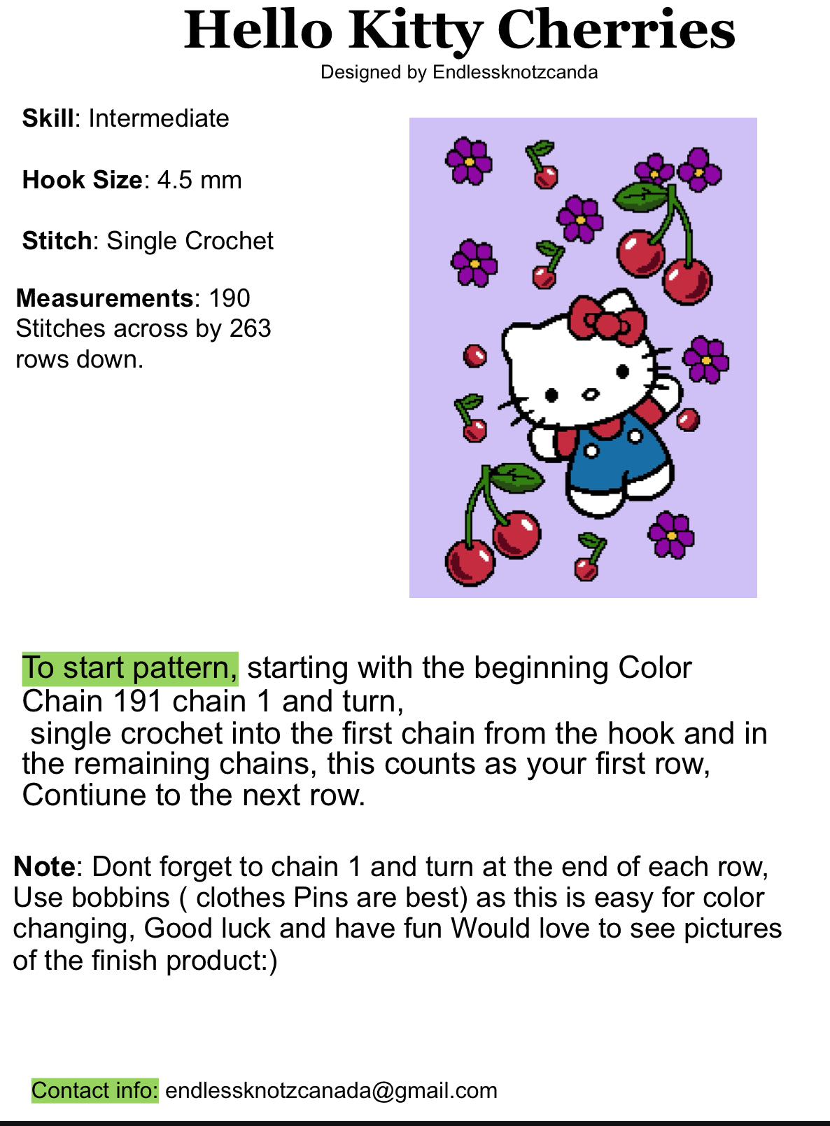 Hello Kitty Cherries Crochet Graphghan Pattern