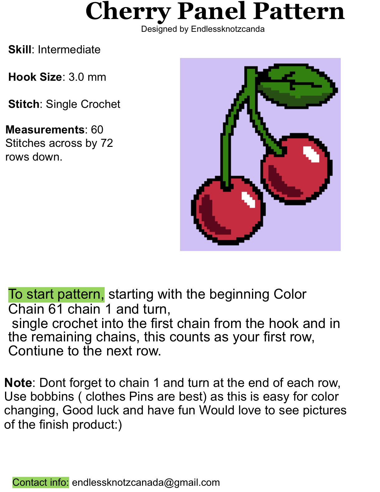 Cherry Graphghan Crochet Small Panel - Beginner Friendly