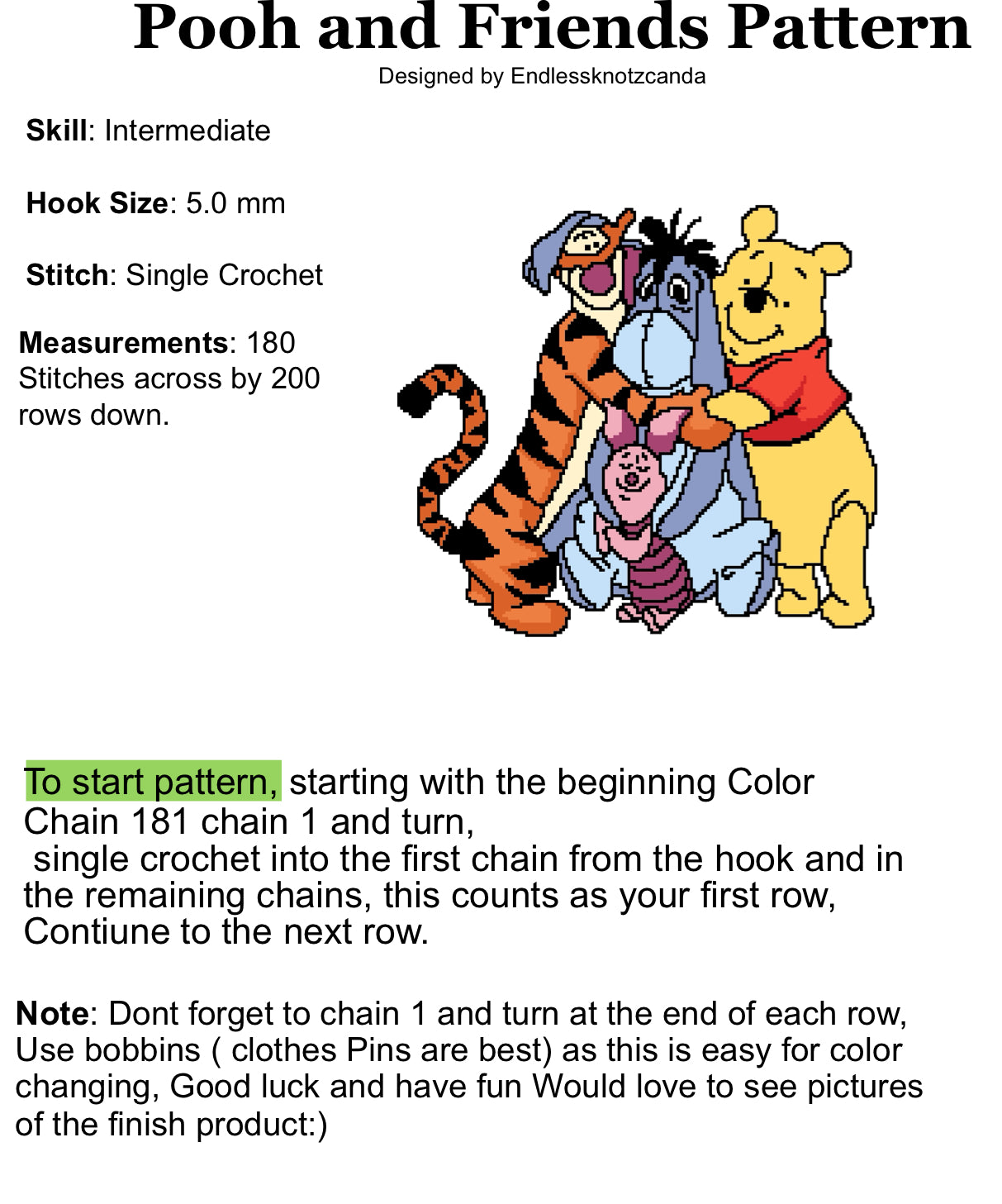 Pooh and friends Graphghan Crochet Pattern
