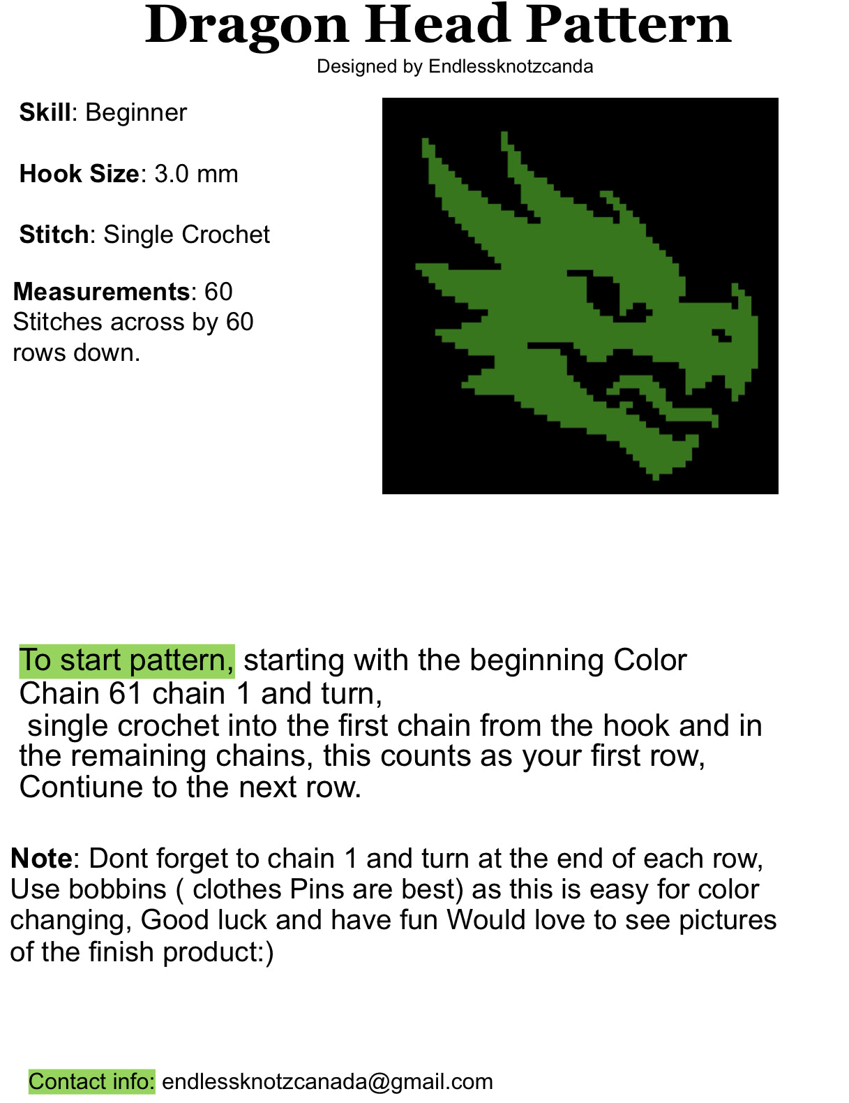 Dragon Head Graphghan Crochet Small Panel - Beginner Friendly