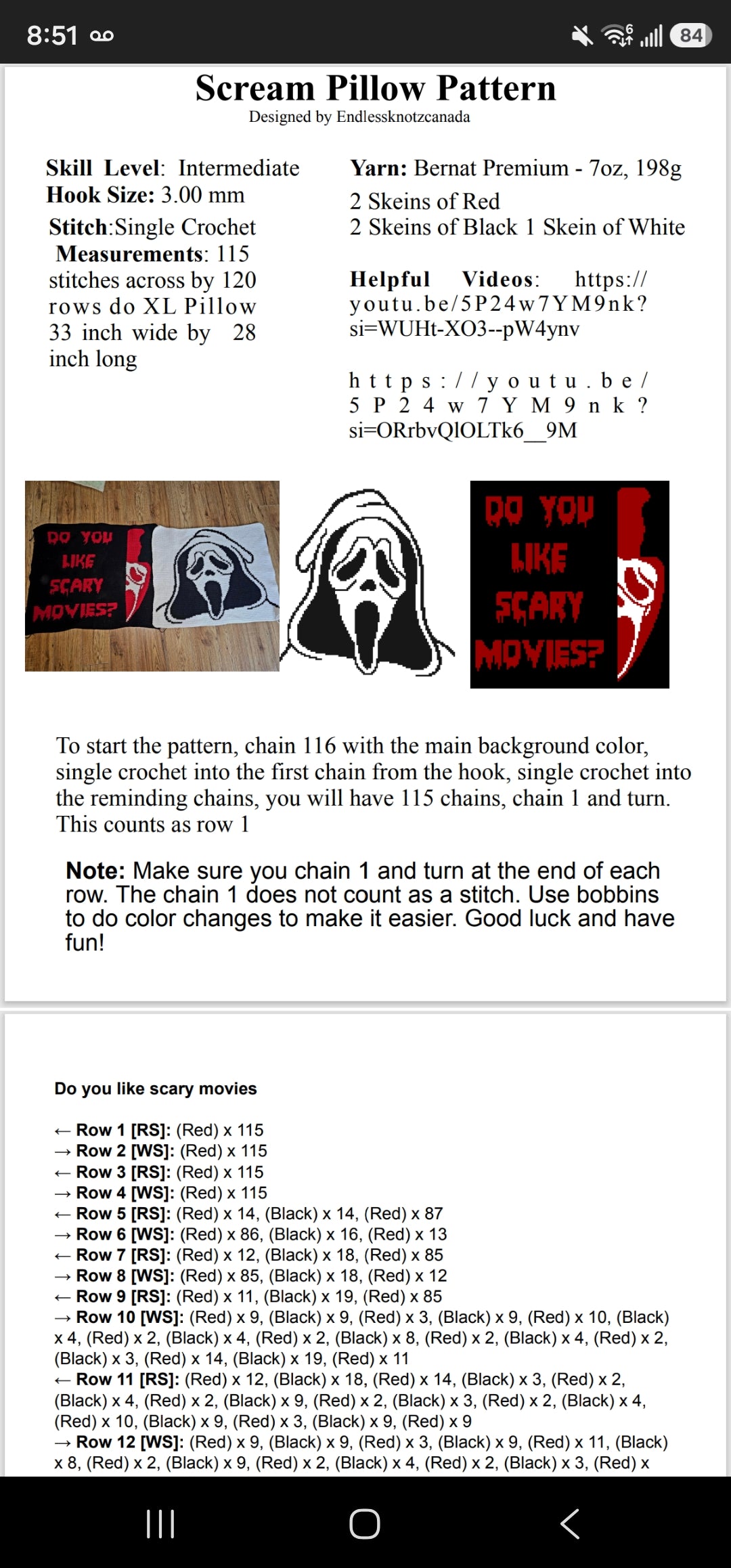 Ghost face scary movie pillow Graphghan Crochet Pattern