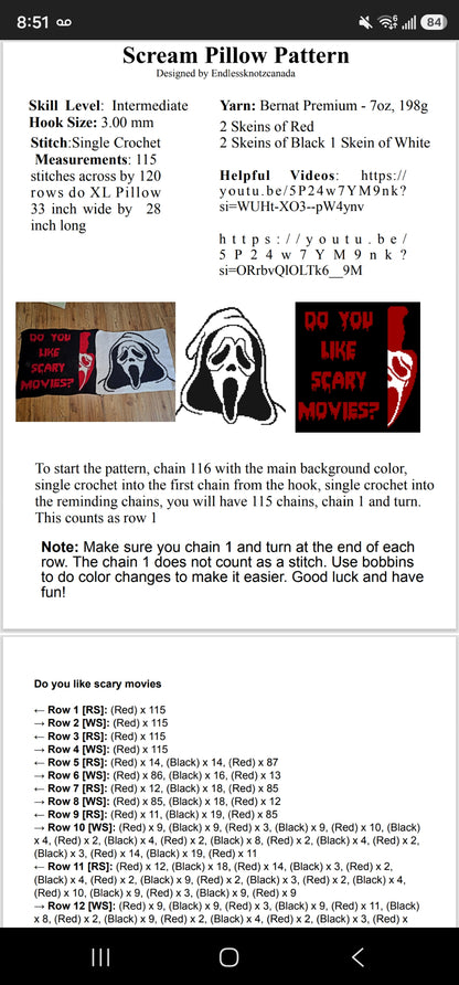 Ghost face scary movie pillow Graphghan Crochet Pattern